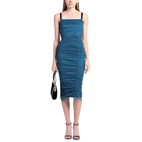 NWT Dolce & Gabbana Blue Tulle Ruched Mesh Bodycon Midi Dress 44 L - Picture 3 of 11